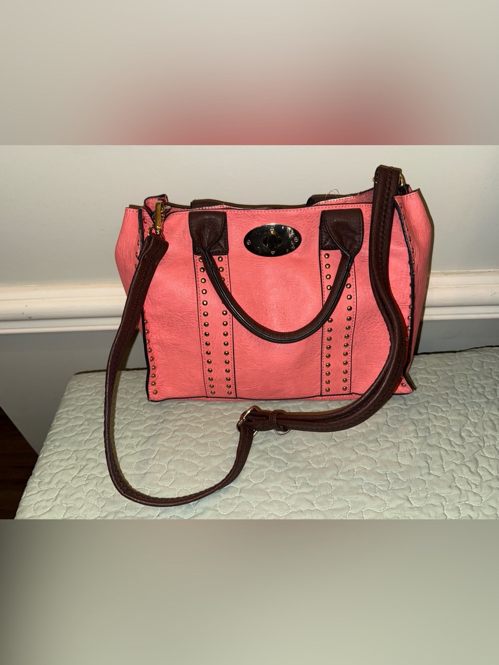 Coral Stud-Trim Convertible Satchel Shoulder Bag - Picture 2 of 2